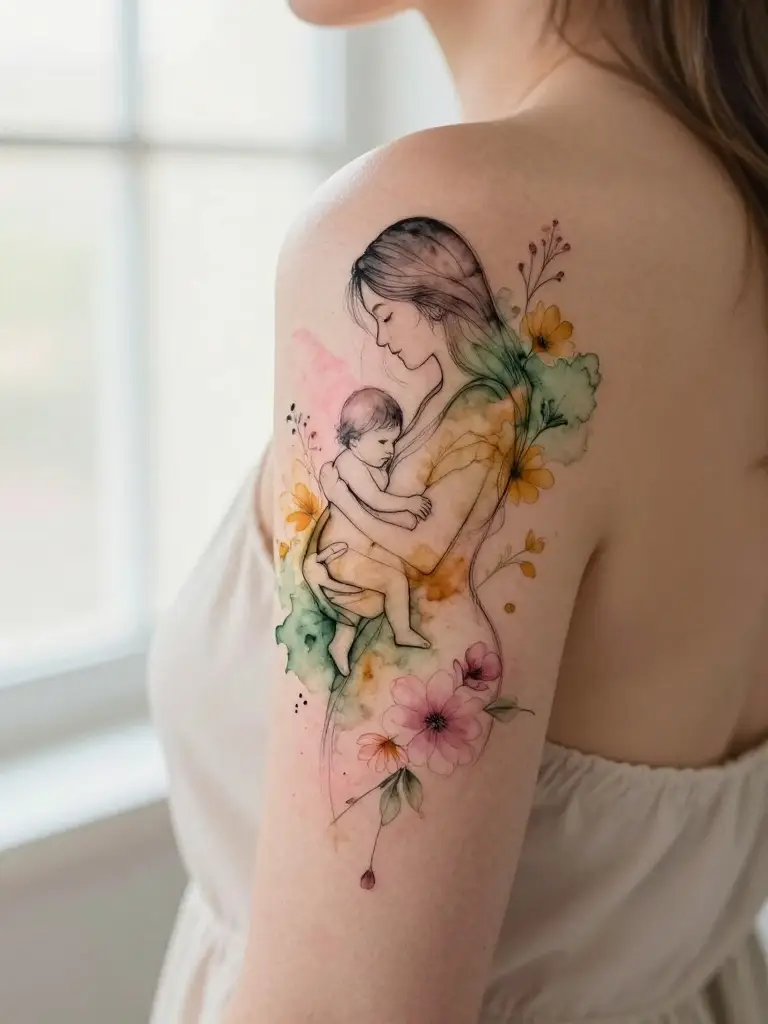 Watercolor Motherhood Tattoos That Paint Love in the Most Emotional Medium