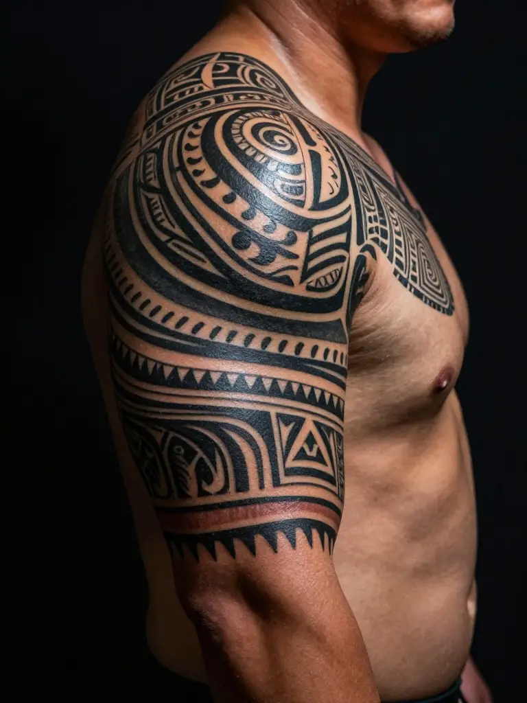 Shoulder and Upper Arm Patterns That Echo Ancient Warrior Armor in Ink