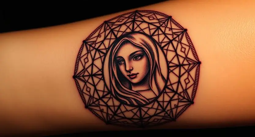 Geometric and Mandala Fusion: Sacred Geometry Meets the Madonna in Modern Ink