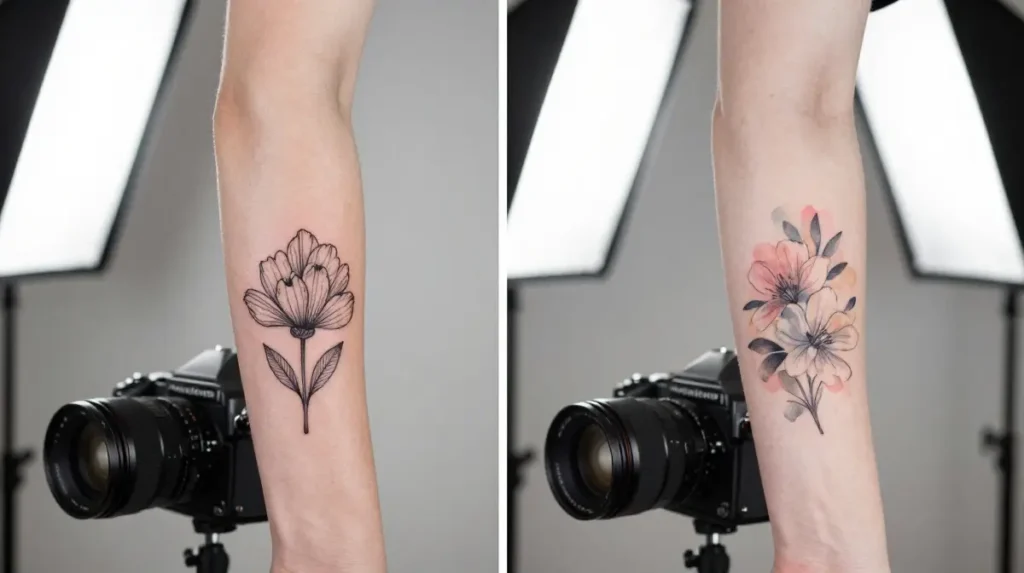 Black and Grey Versus Fine Line Color Floral Tattoos and When Each Wins