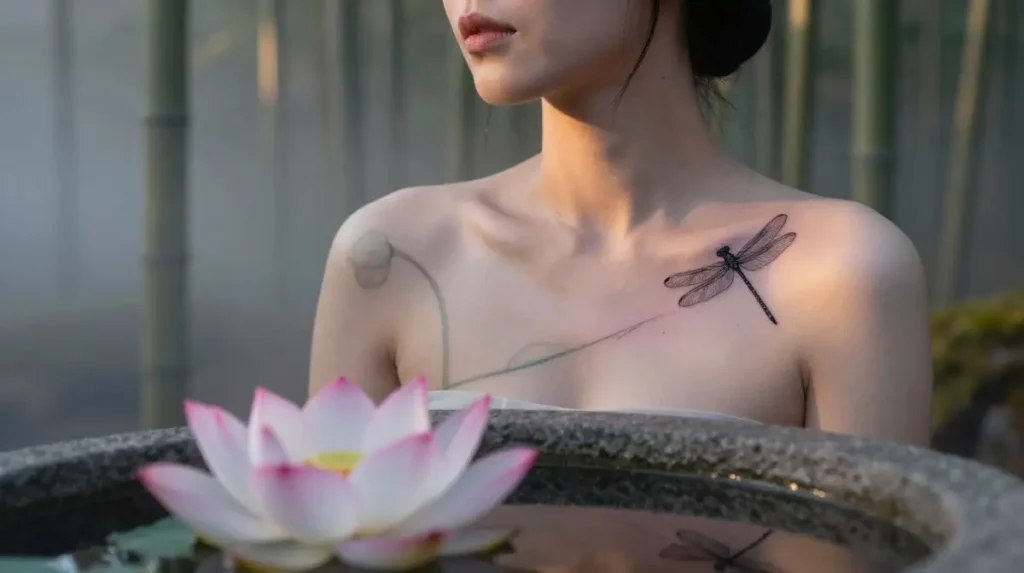 Lotus and Dragonfly Designs That Bring Eastern Symbolism to the Collarbone