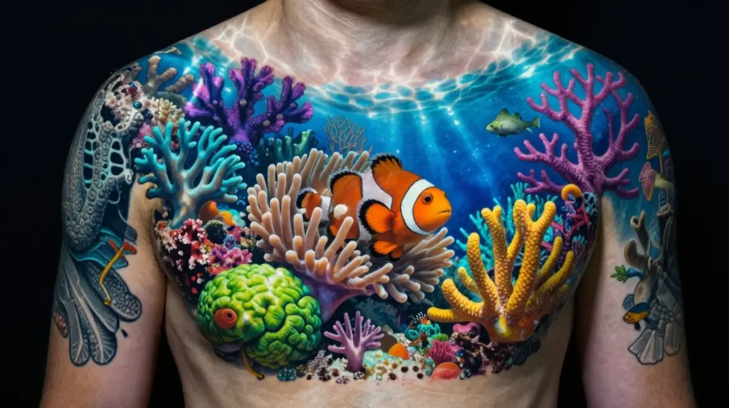 Ocean Animal Tattoos Paired With Coral Reef and Environmental Detail