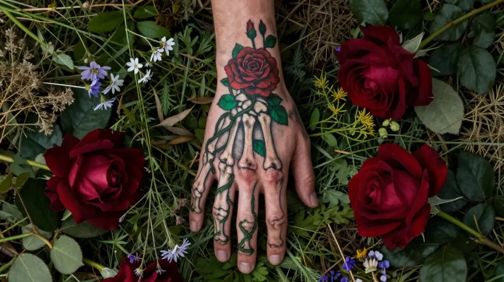 Skeleton Hand Tattoo Ideas Paired With Florals for Life-Death Contrast