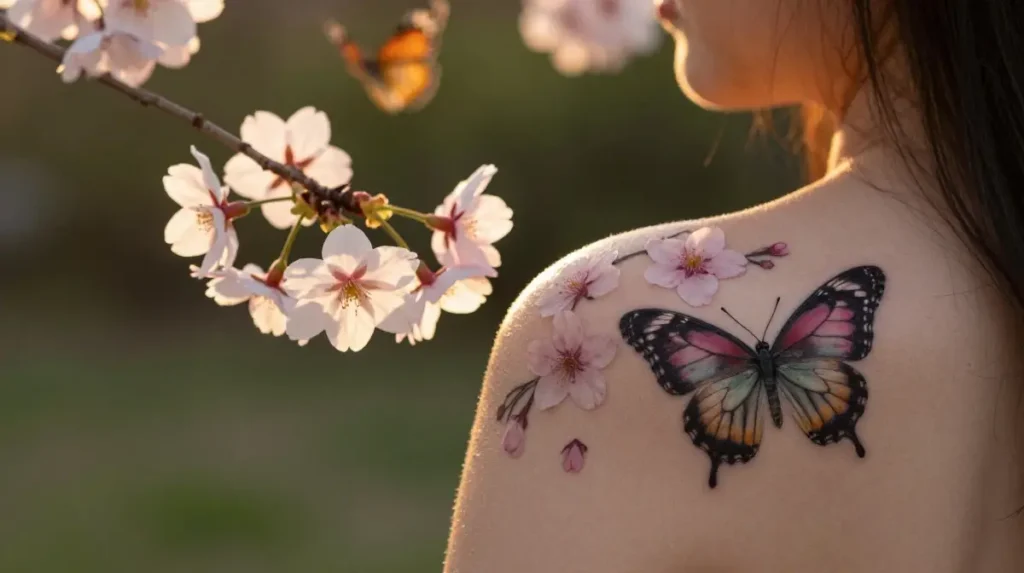 Flower Shoulder Tattoos Paired With Butterflies Birds and Natural Elements