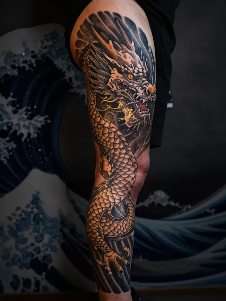 Dragon Thigh Tattoos That Coil Around the Leg With Mythological Ferocity