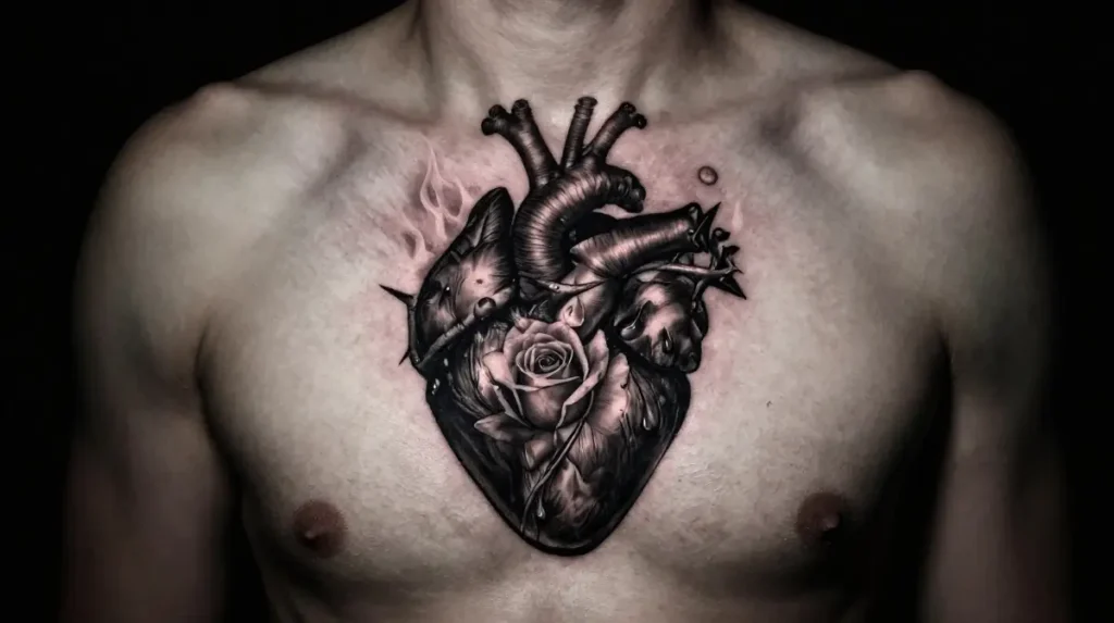 Sacred Heart Tattoo Ideas in Black and Grey That Carry Raw Emotional Depth