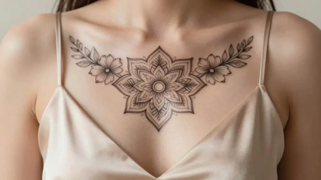 The Sternum as a Canvas for Soft Floral and Geometric Fine Line Work