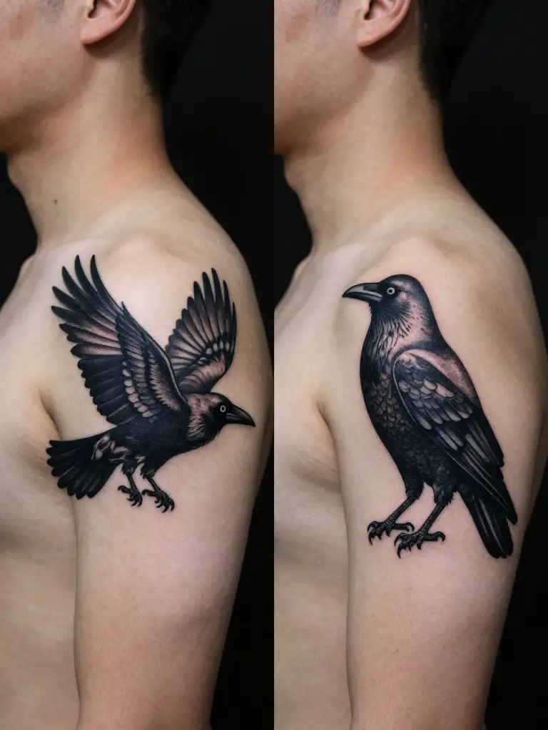 Raven Tattoos in Flight Versus Perched — the Visual Stakes of Each Choice