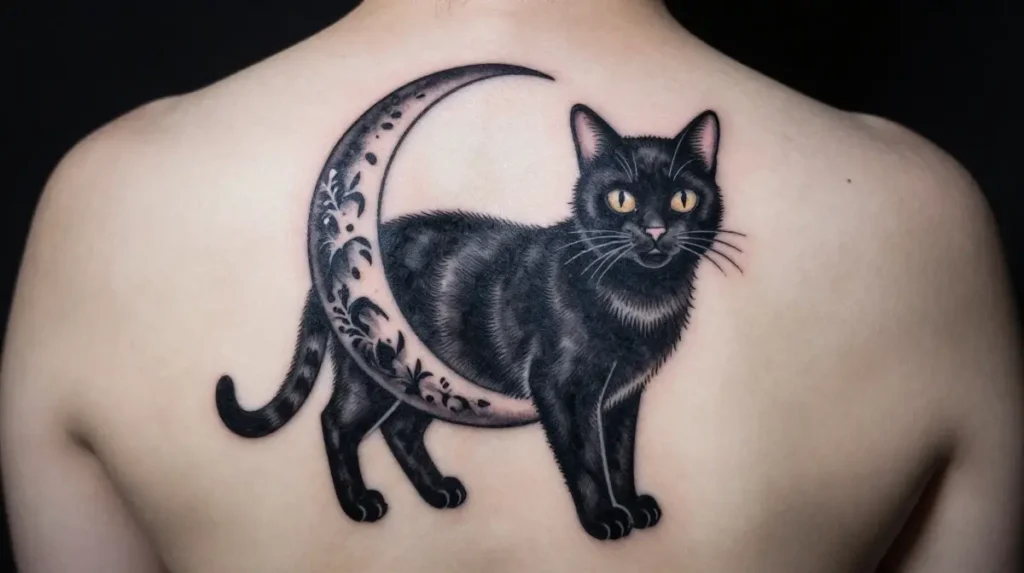 Black Cat with Moon Tattoo
