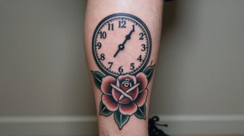 Clock Lower Leg Tattoo