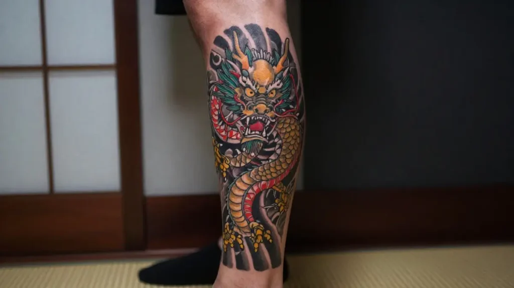 Japanese Dragon Lower Leg Tattoo