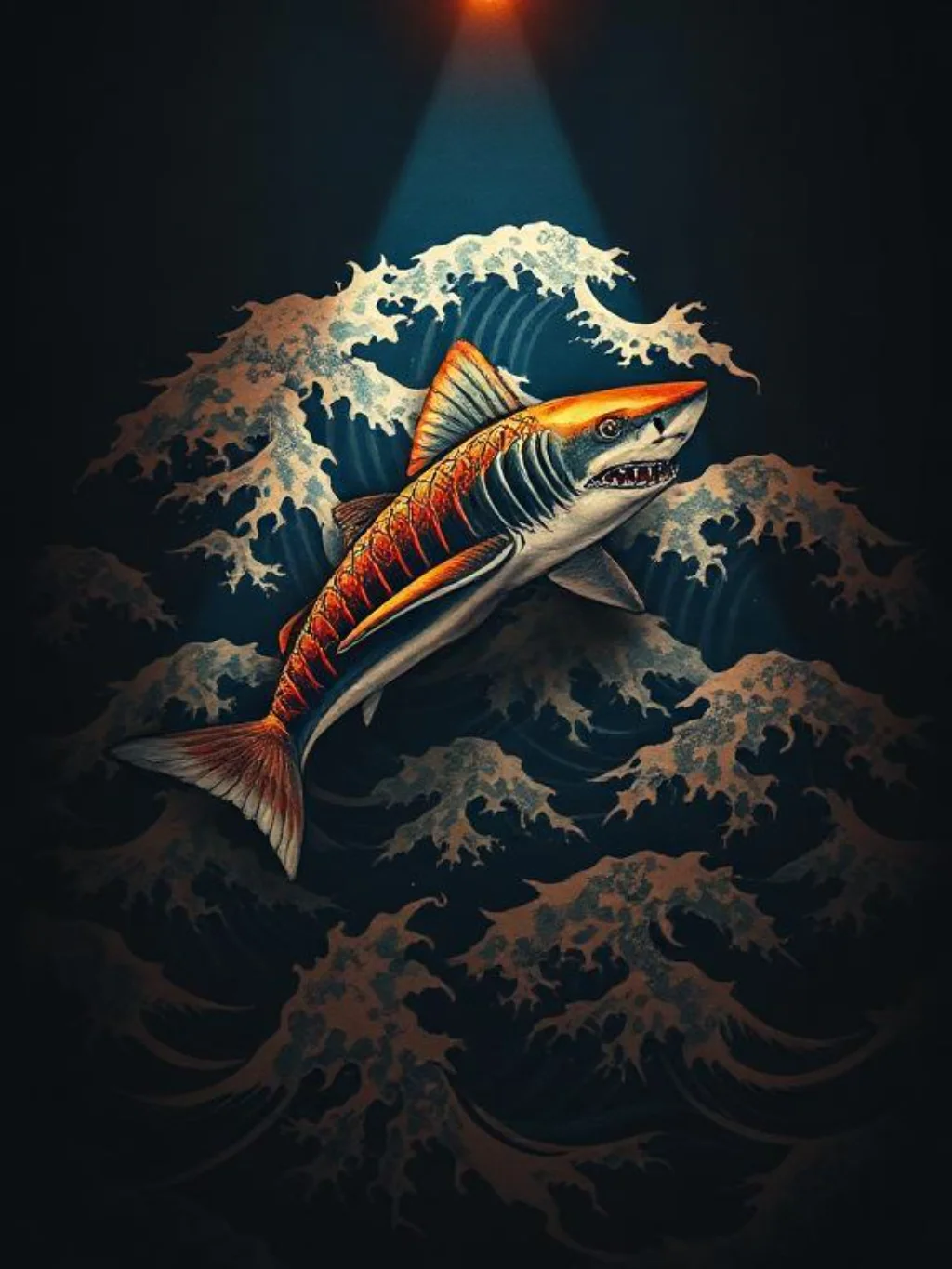 Japanese Irezumi Waves Cradling a Fierce Ocean Hunter