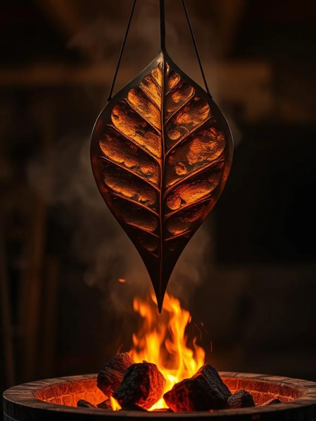 Suspended Iron Leaves Defy Gravity Across Burning Chest Canvases