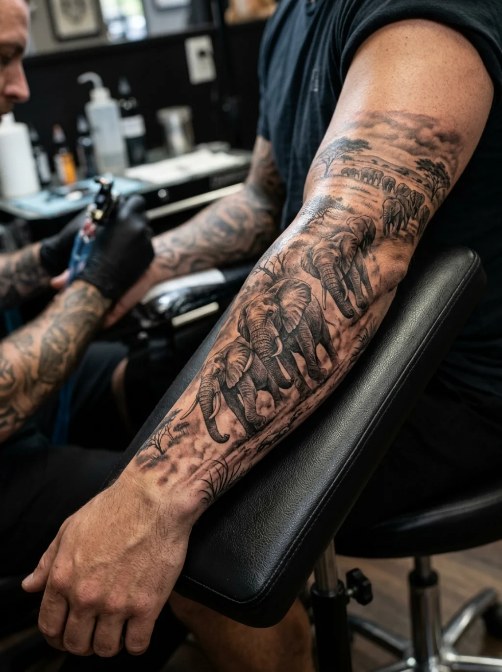 Black and Grey Elephant Herd Tattoos With the Cinematic Depth of a Documentary