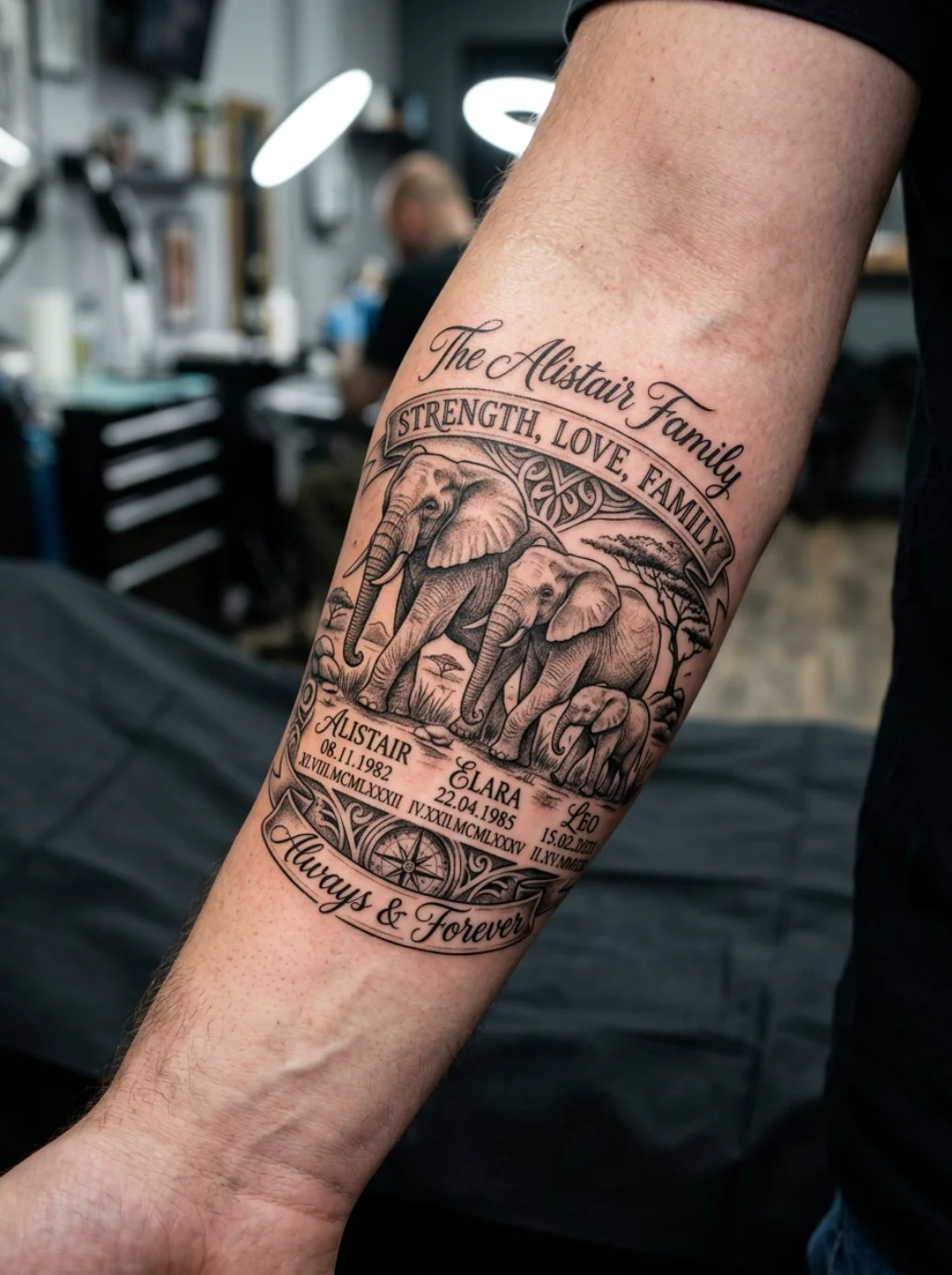 Adding Names Dates and Birth Order to an Elephant Family Tattoo Composition