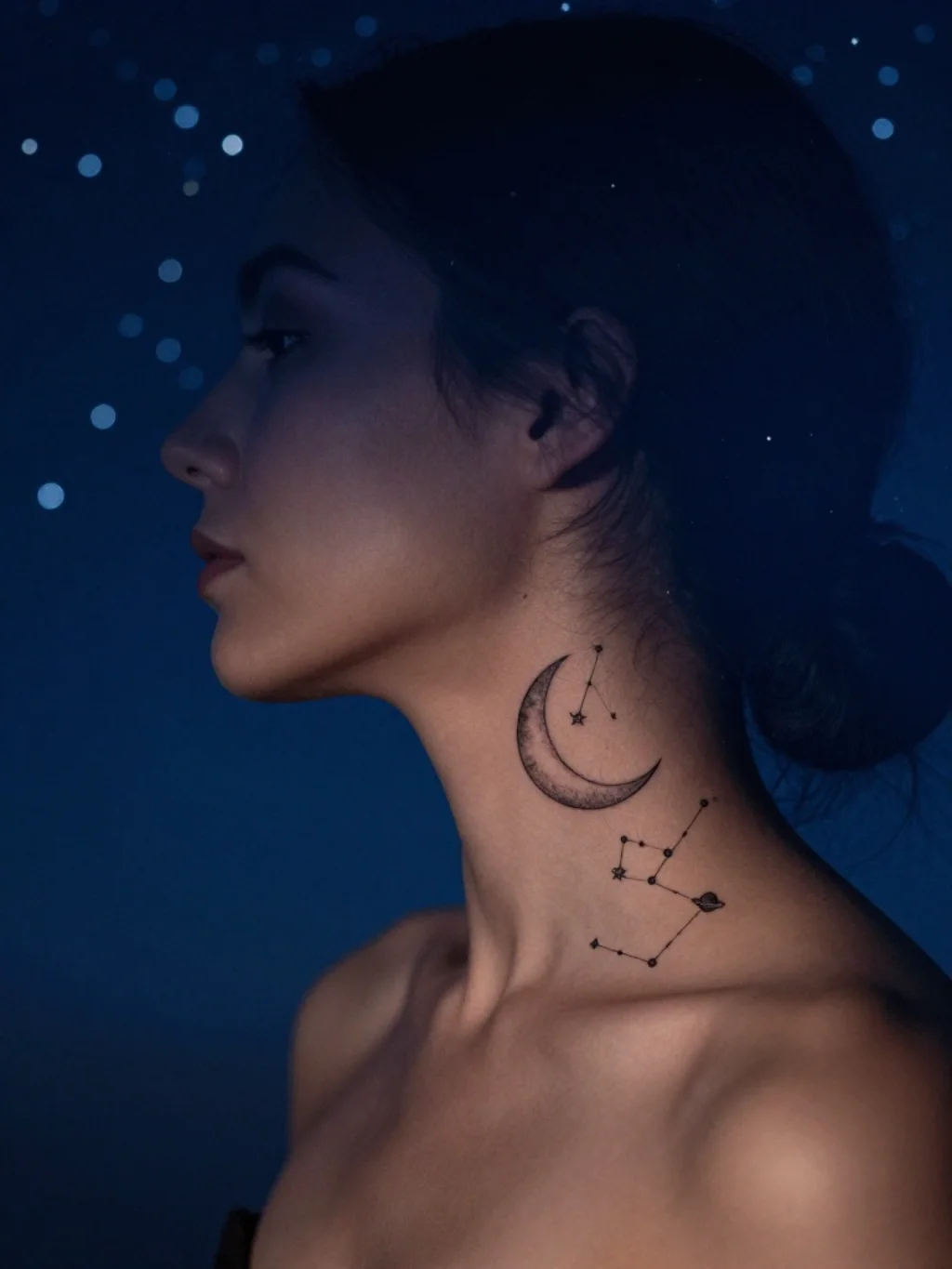 Celestial Moon and Star Neck Tattoos Mapping the Sky Onto Skin