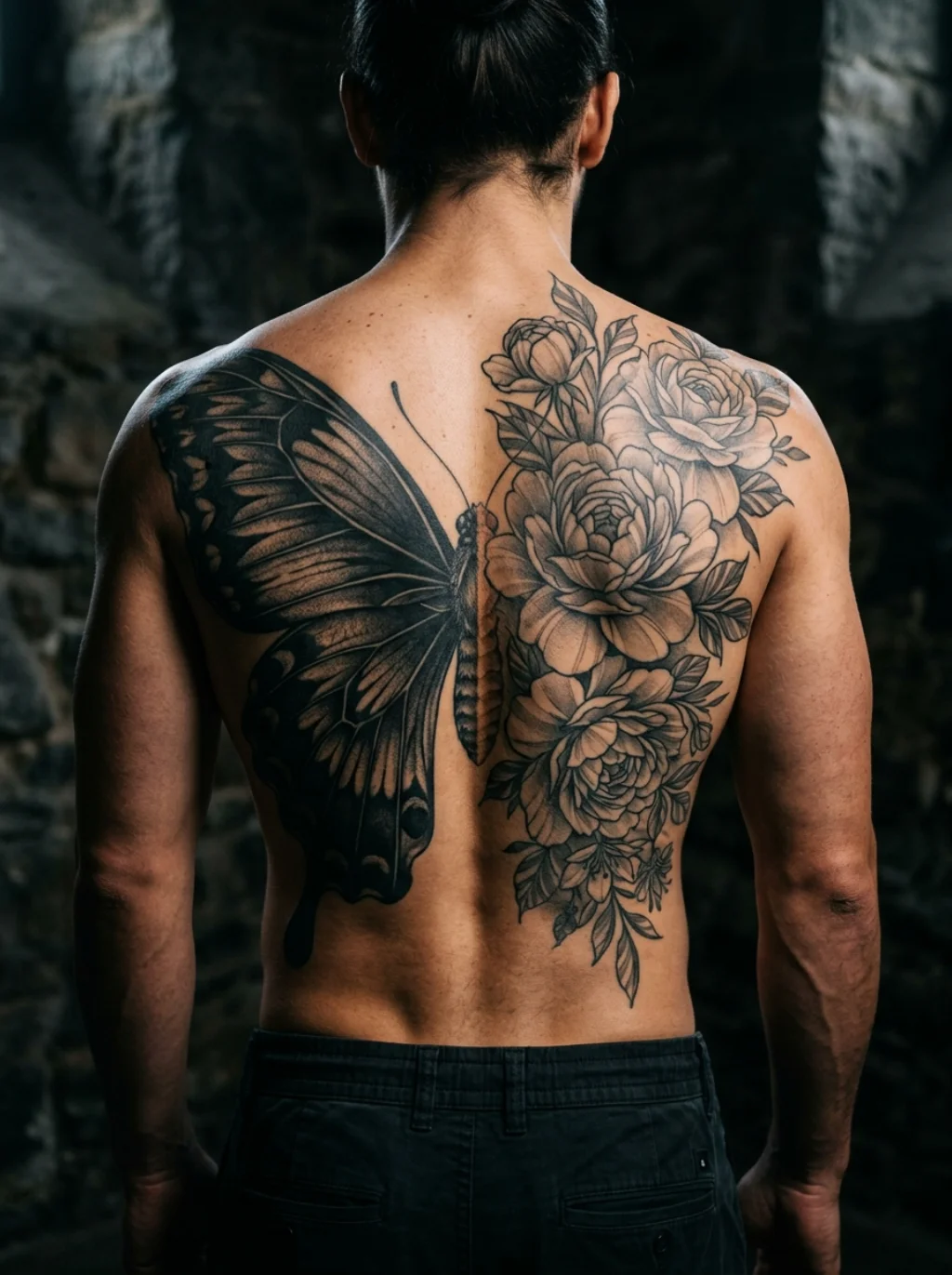 Half Butterfly Half Flower Back Tattoos With Genuine Cinematic Scale