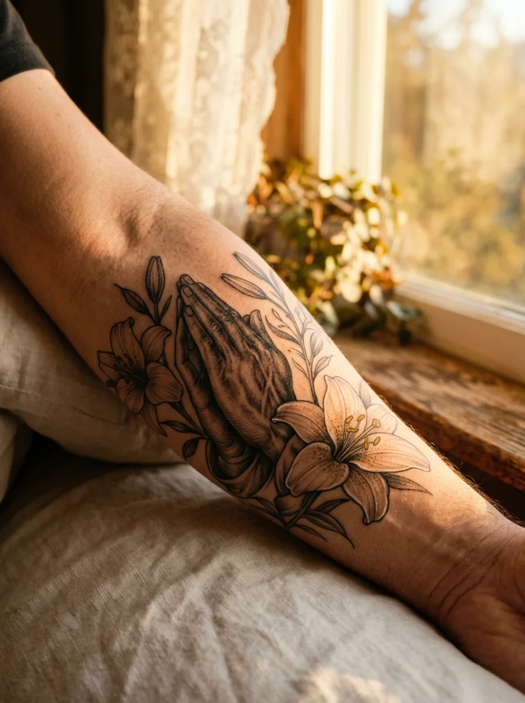 Floral Additions to Praying Hands Tattoos That Speak of Life Growth and Grace