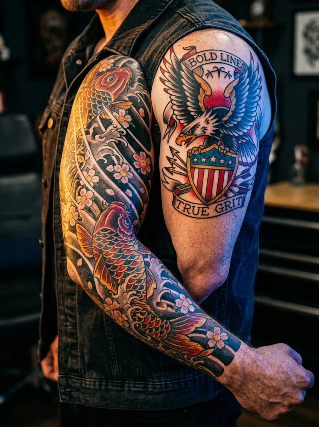 Japanese Motifs Colliding With American Bold Lines on Skin