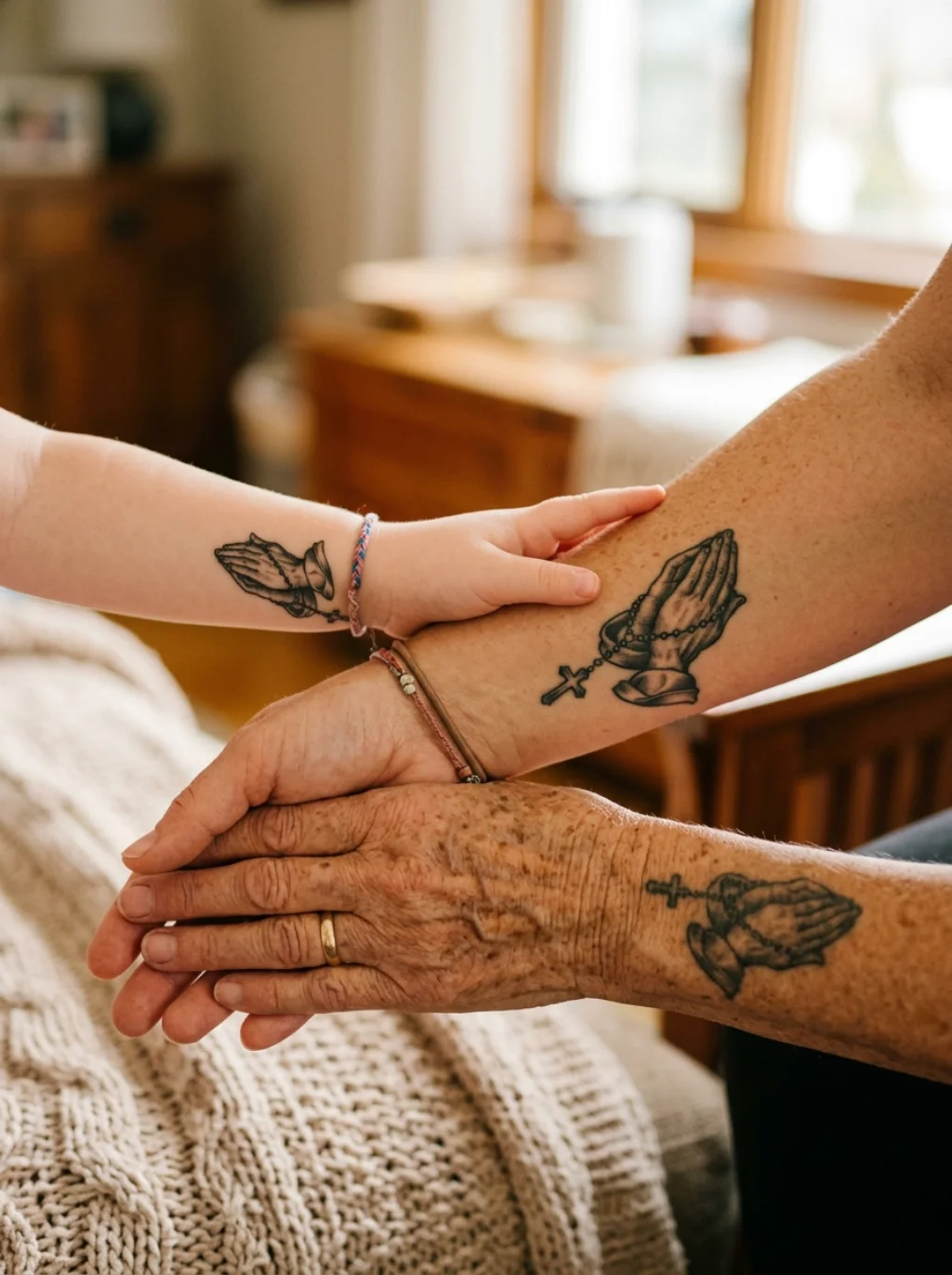 Matching and Family Praying Hands Tattoos Shared Across Generations