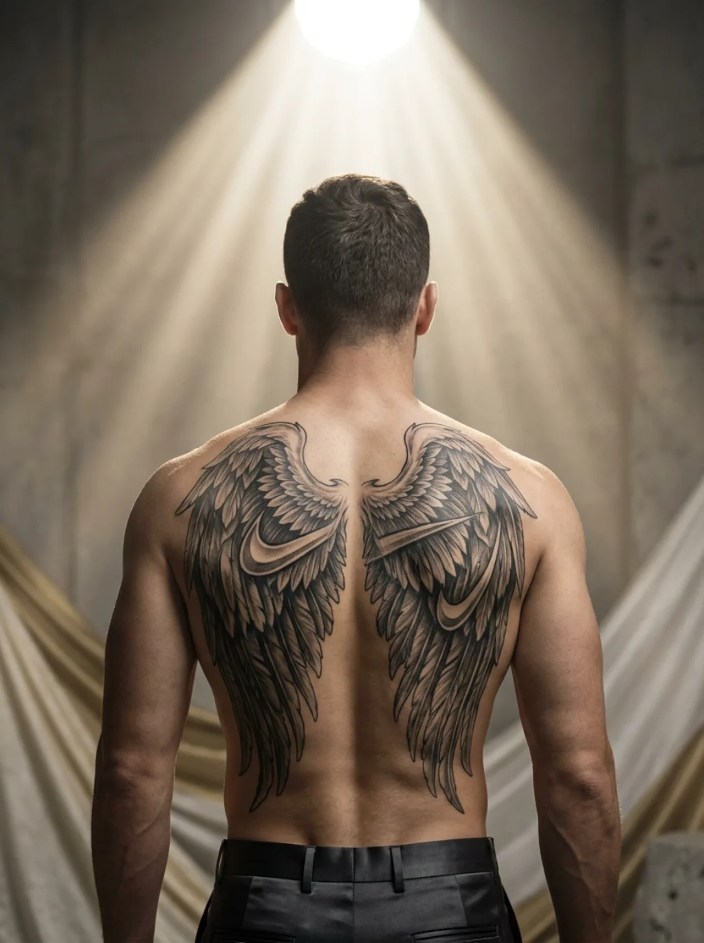 Nike's Wings Spread Wide Across a Warrior's Battle Scarred Back