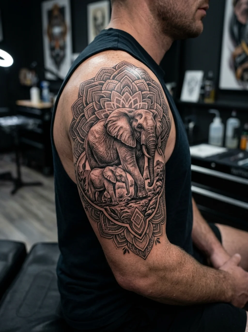 Mandala Elephant Family Tattoos That Blend Spirituality with Family Love