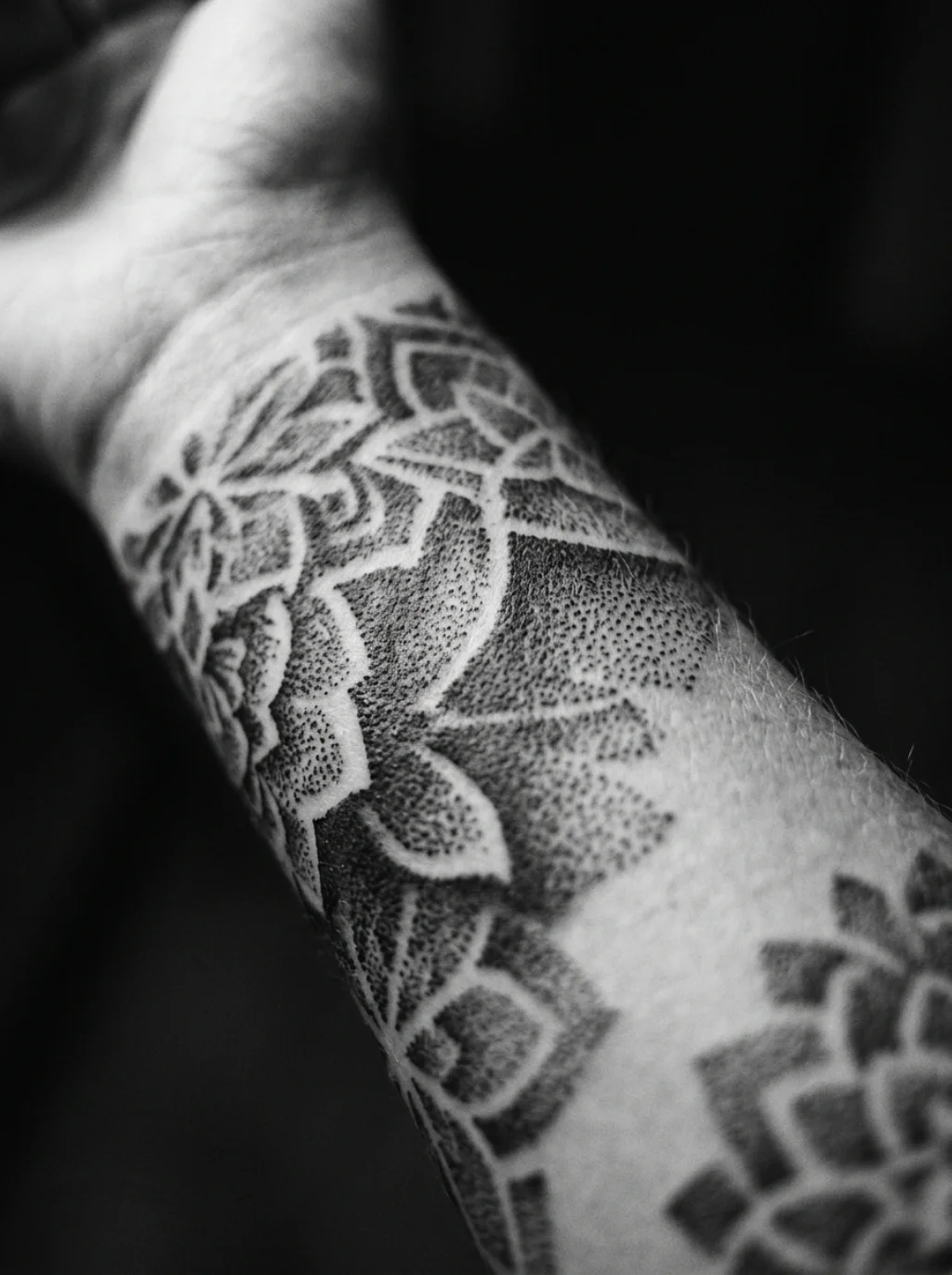 Dotwork Shadows Building Depth Across Rounded Arm Muscle