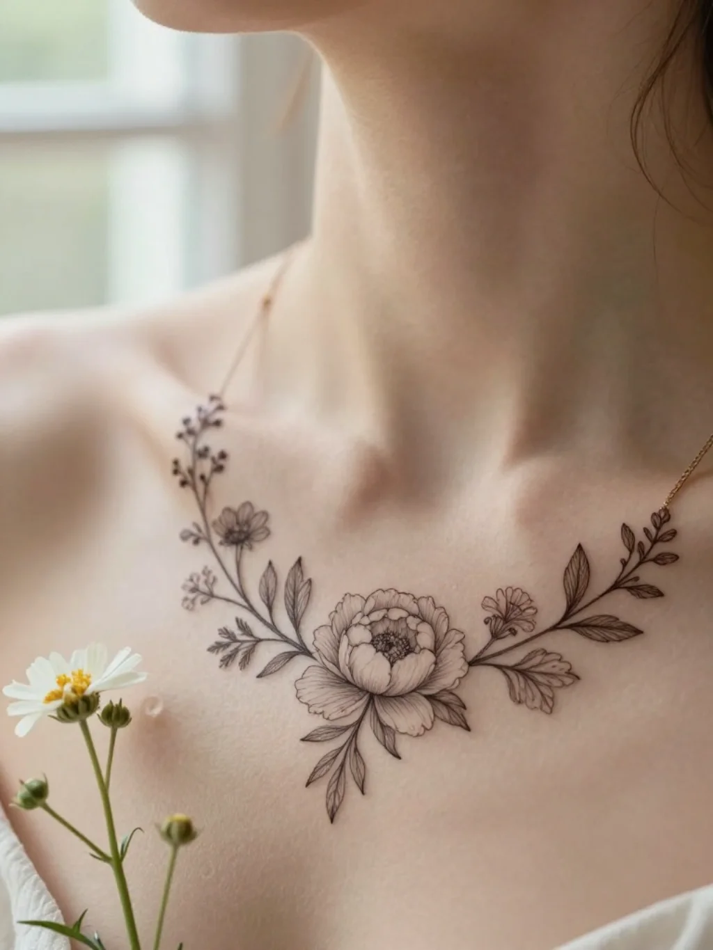 Delicate Floral Garlands That Turn the Collarbone Into a Garden of Fine Line Art