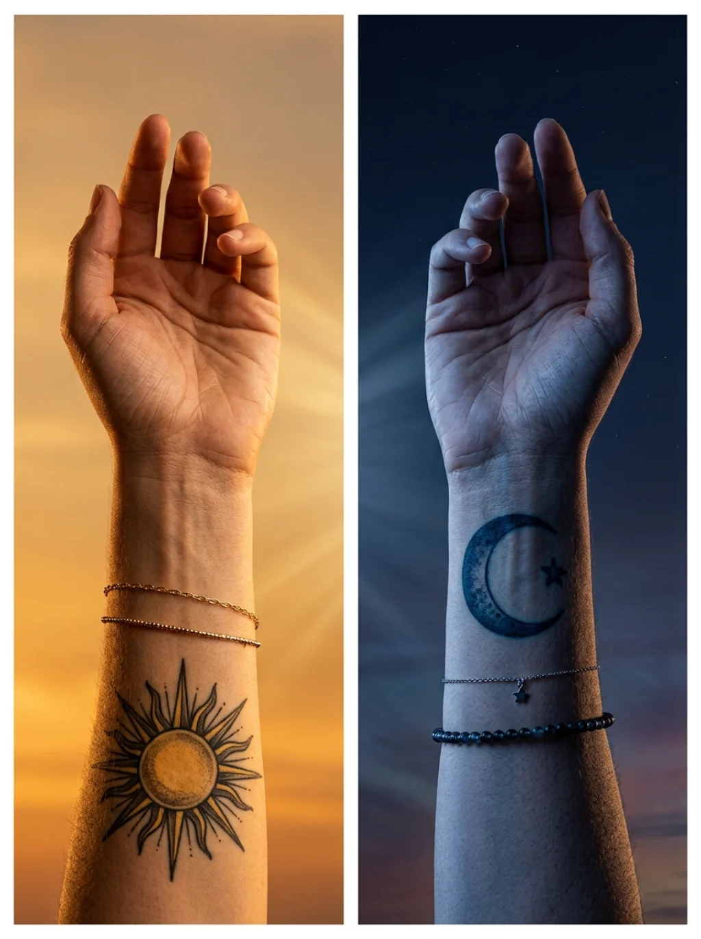 Sun and Moon Chase Each Other Across Two Wrists That Never Drift Apart