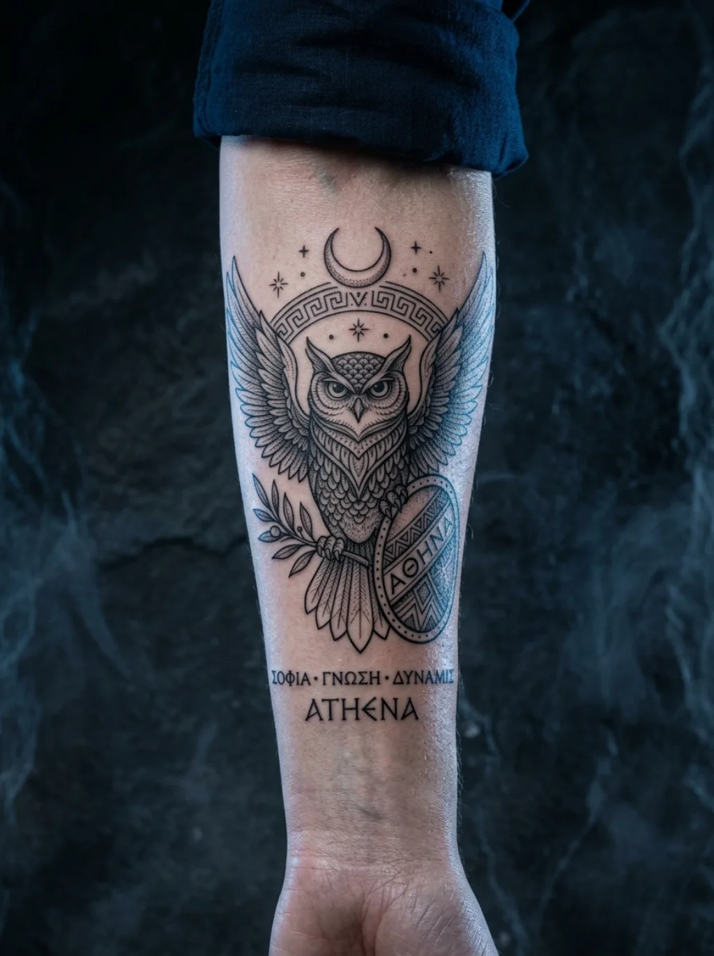 Athena's Owl Carries Wisdom Into the Silence Between Skin and Ink