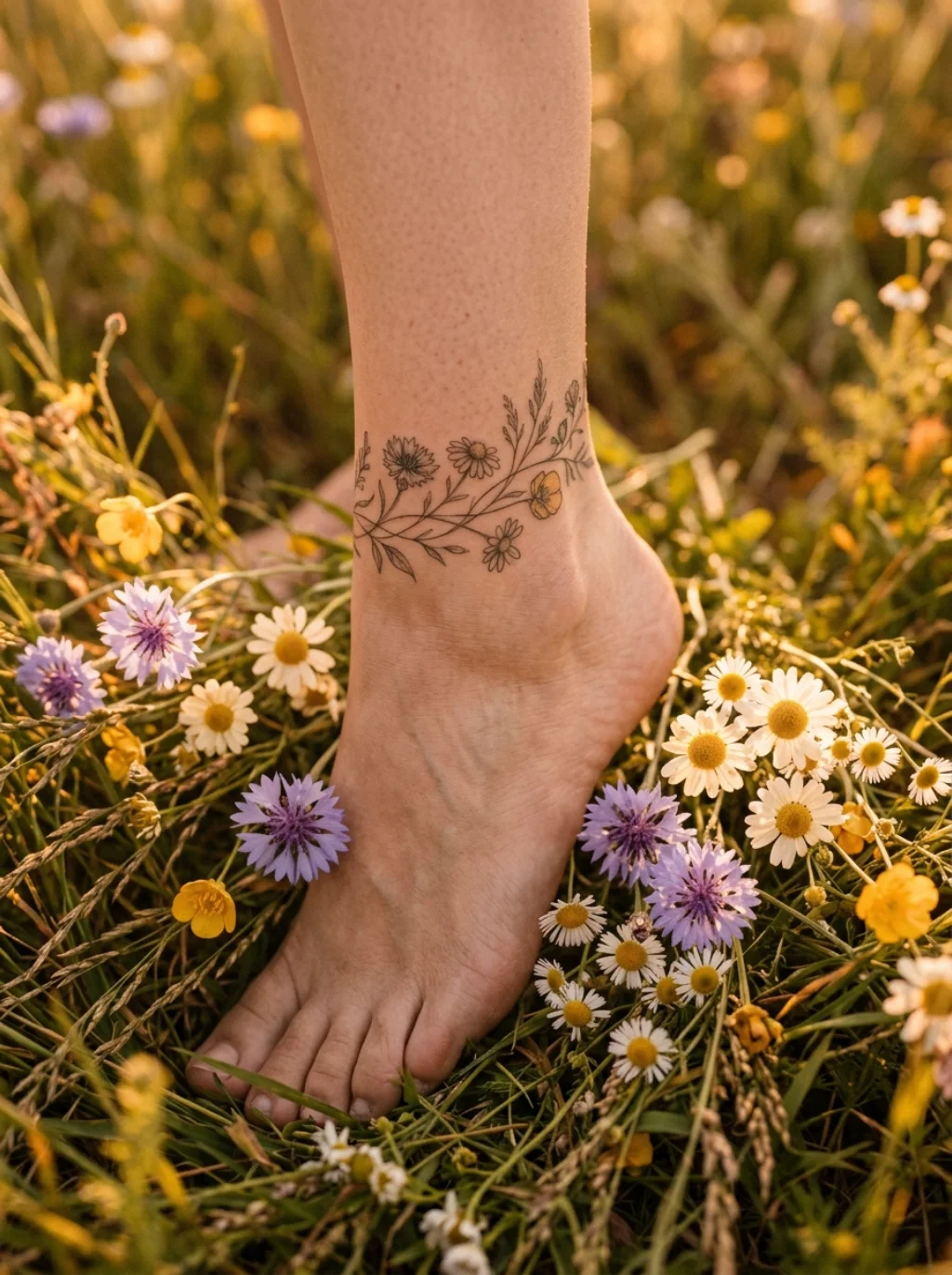 Delicate Floral Chain Ankle Tattoos That Bloom With Every Barefoot Step