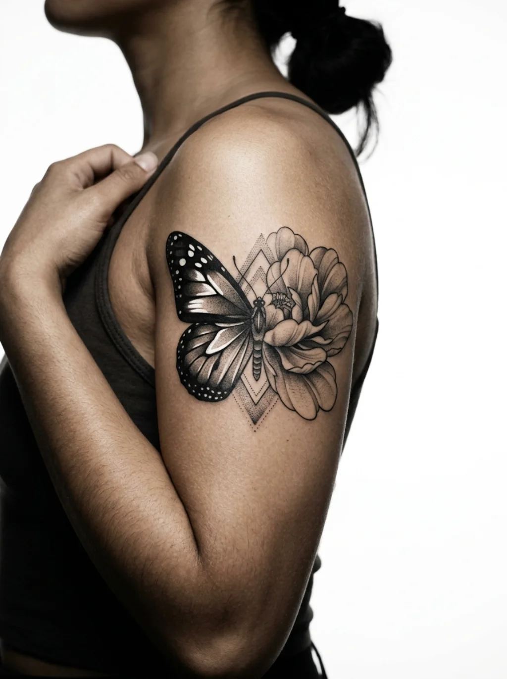 Black and Grey Half Butterfly Half Flower Tattoos With Timeless Depth