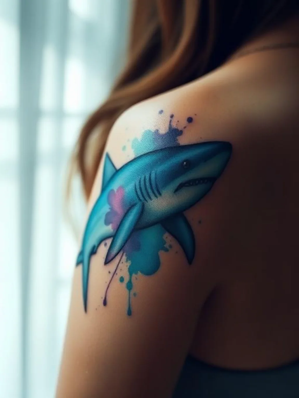 Shark Tattoo Ideas Painted in Fluid, Watercolor Ocean Tones