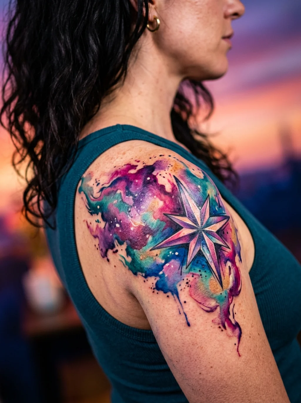 Watercolor Skies Bleed Galaxies Across Bare Shoulders