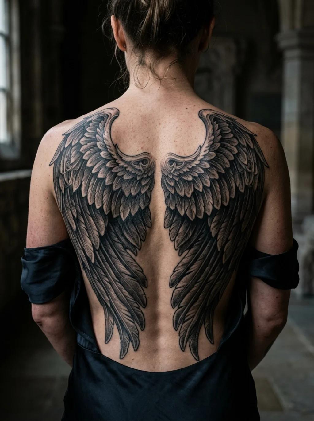 Black and Grey Angel Wings Tattoos That Age Like Cathedral Architecture