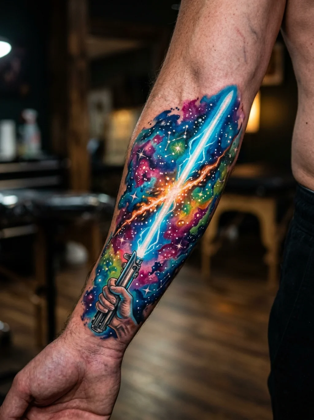 Lightsaber Tattoo Ideas Built Around Galaxy and Space Backgrounds That Stun