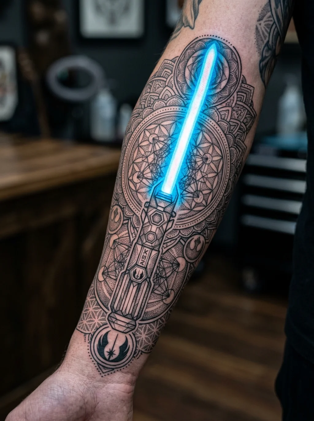Geometric Lightsaber Tattoos That Engineer the Force Into Sacred Pattern