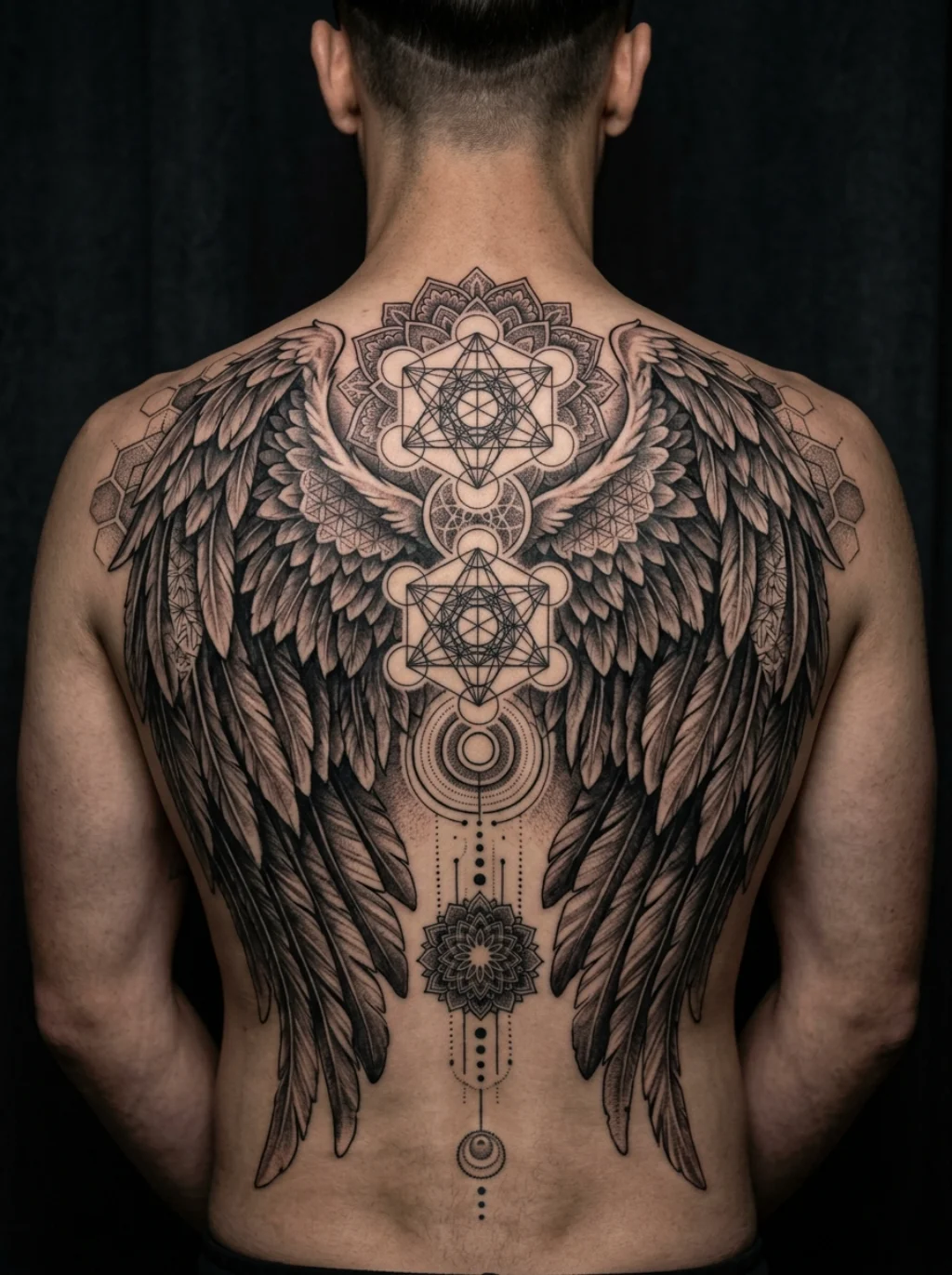 Geometric and Sacred Geometry Fused With Angel Wings on the Back