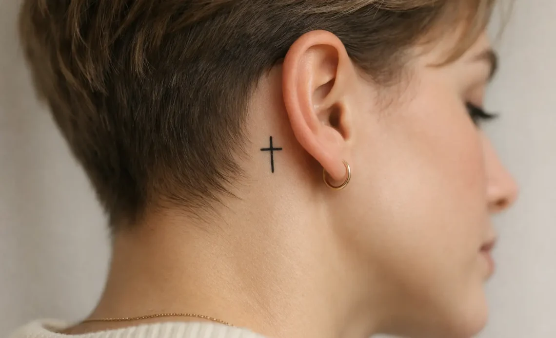 cross behind the ear tattoo ideas