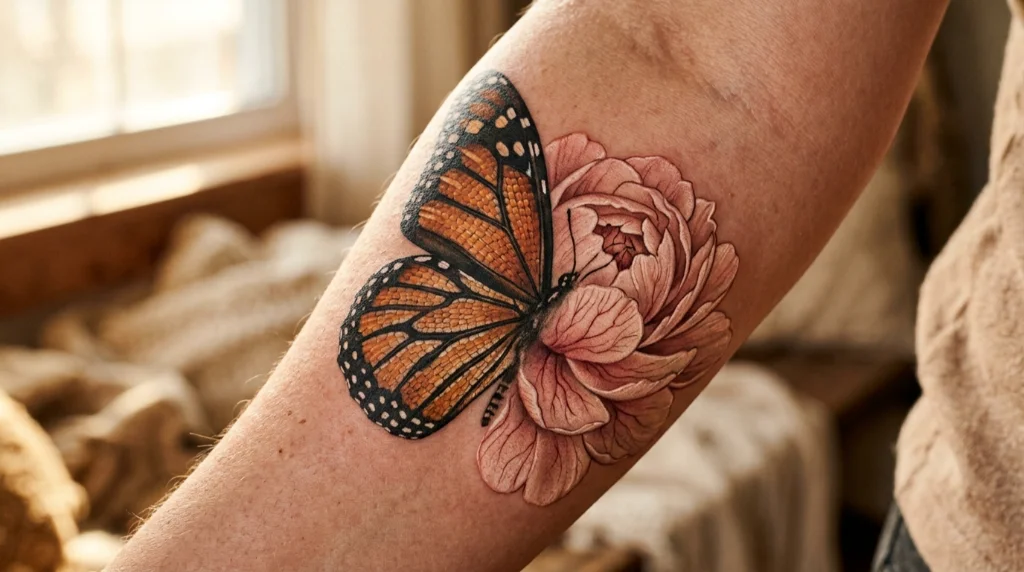 half butterfly half flower tats